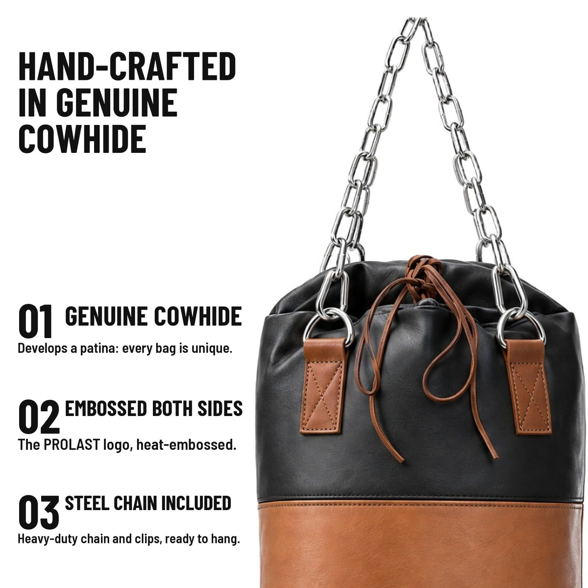 Hand-crafted in genuine cowhide: heat-embossed PROLAST logo on both sides, stainless steel chain and clips included