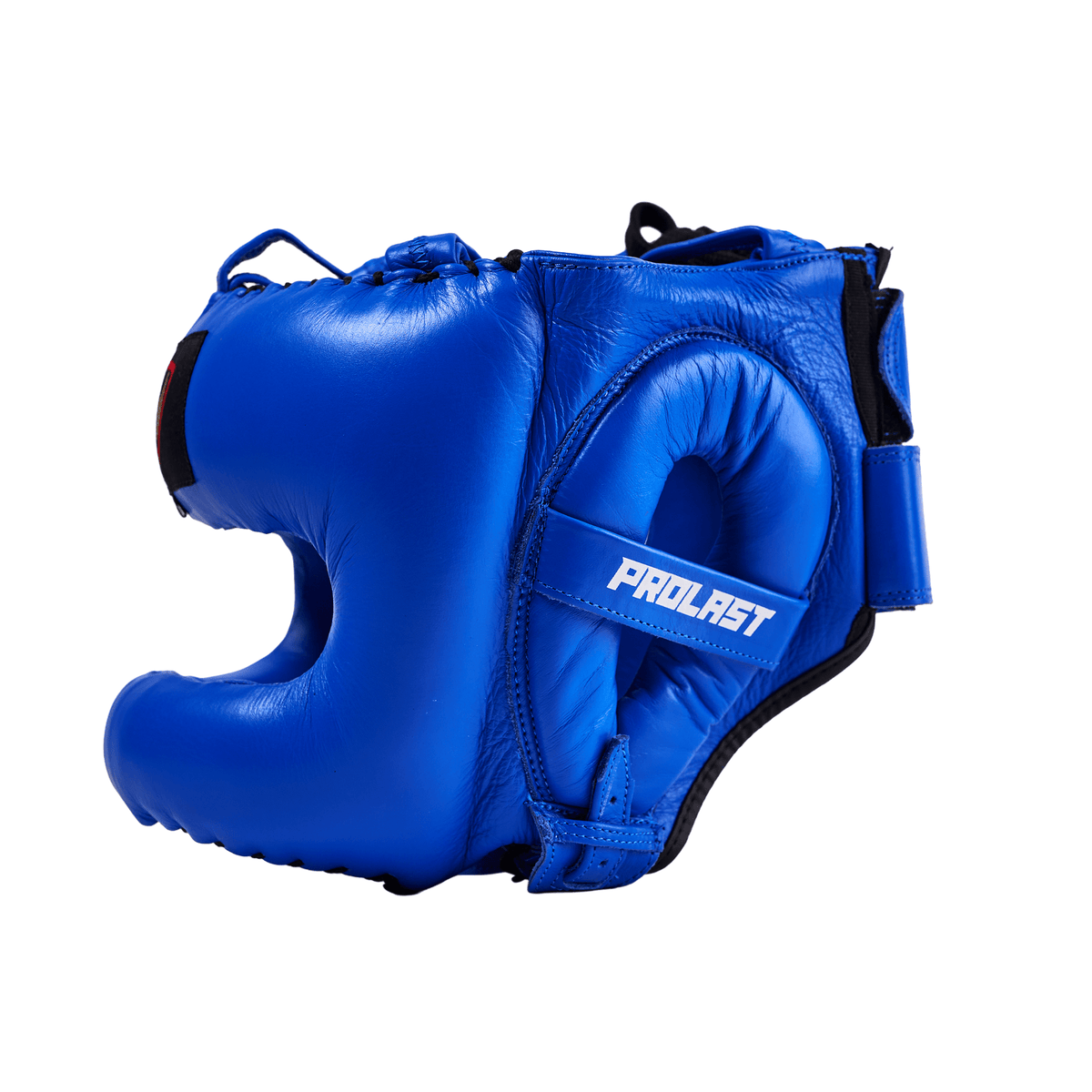 PROLAST nose bar face saver headgear in blue, side view facing left with laced crown and PROLAST ear strap