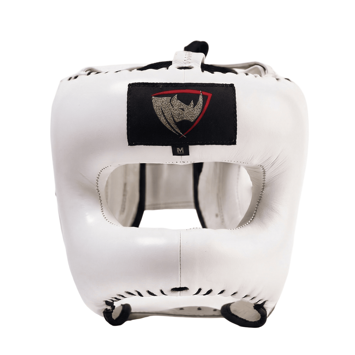 PROLAST nose bar face saver headgear in white, front view with gold-and-red rhino logo patch and padded face bar