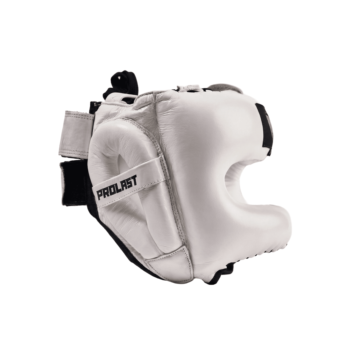 PROLAST nose bar face saver headgear in white, side view facing right, ear guard with black PROLAST lettering