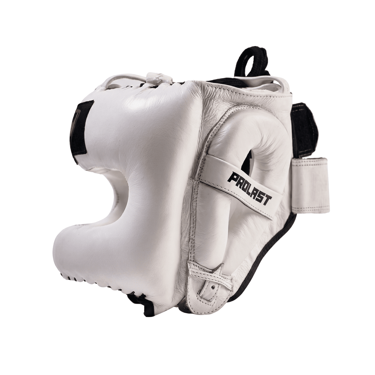 PROLAST nose bar face saver headgear in white, side view facing left with PROLAST ear strap and black trim