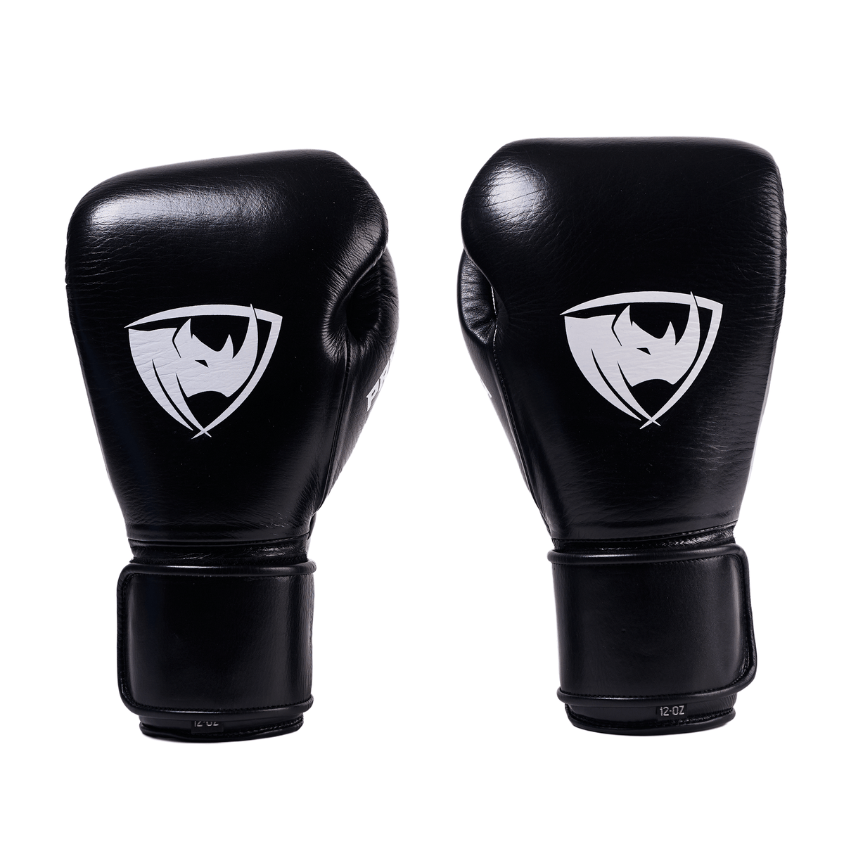 PROLAST PG professional boxing gloves in charcoal black with Velcro strap, pair front view with white rhino logos