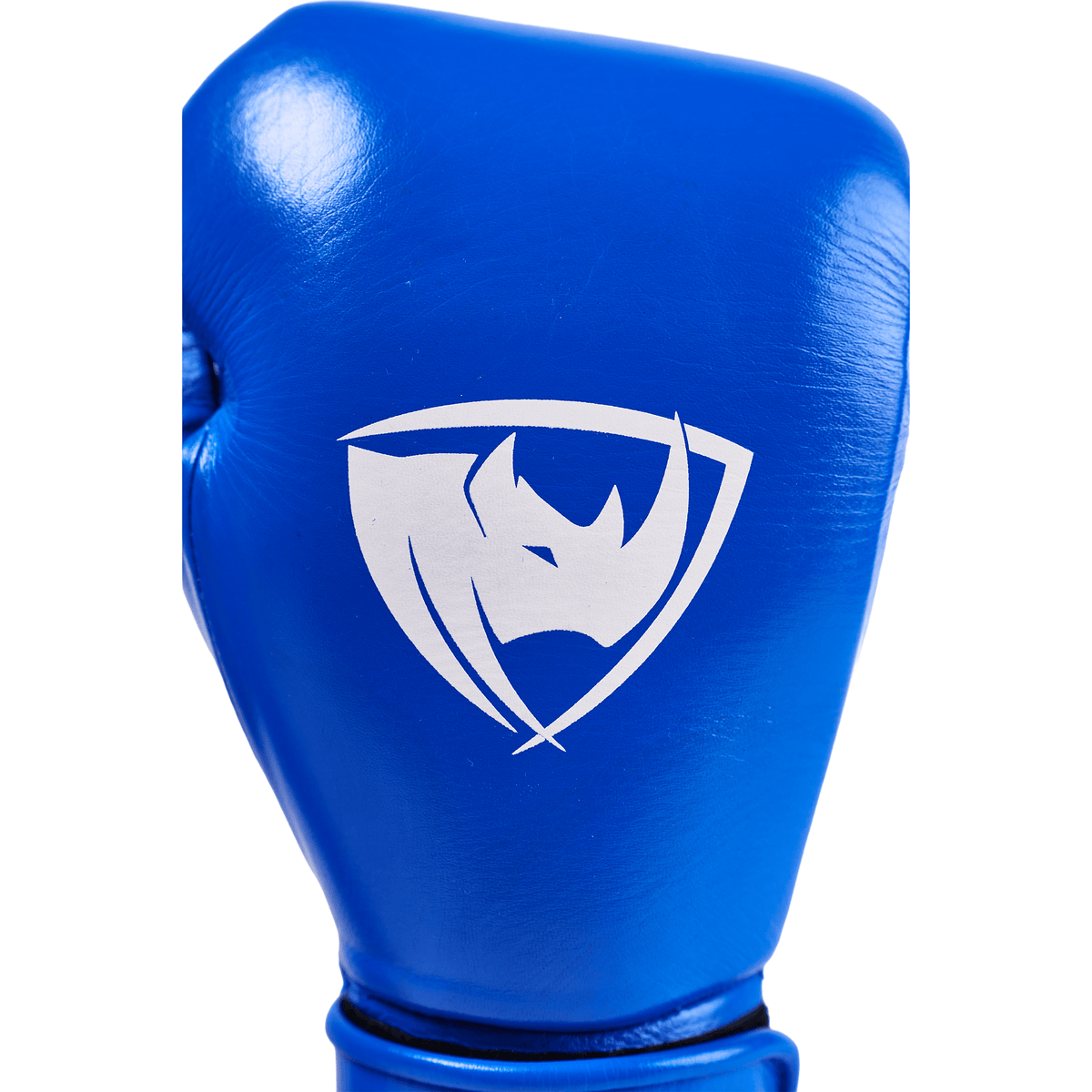 PROLAST PG professional boxing gloves in cobalt blue, close-up of the white rhino logo on the back of the hand
