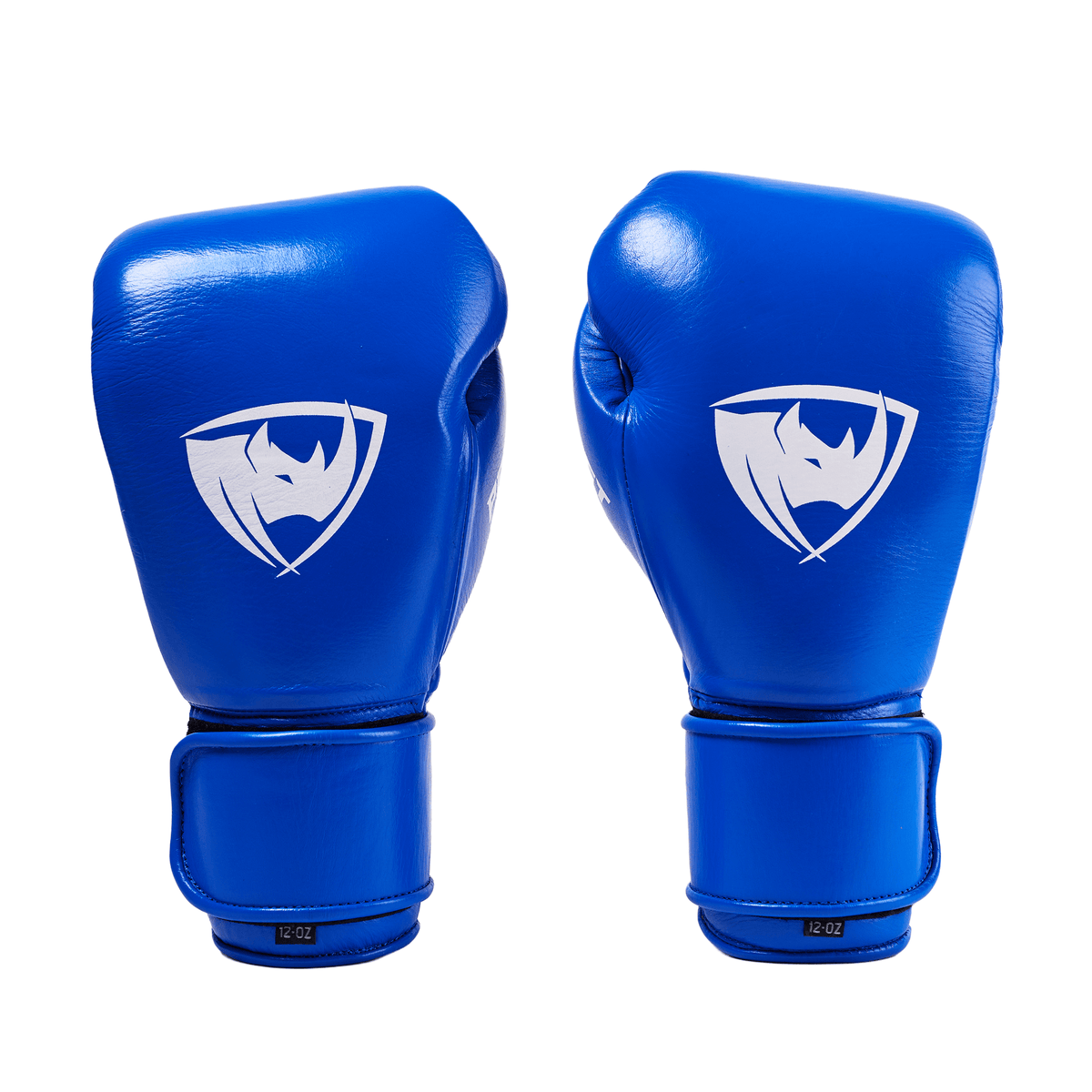 PROLAST PG professional boxing gloves in cobalt blue with Velcro strap, pair front view with white rhino logos