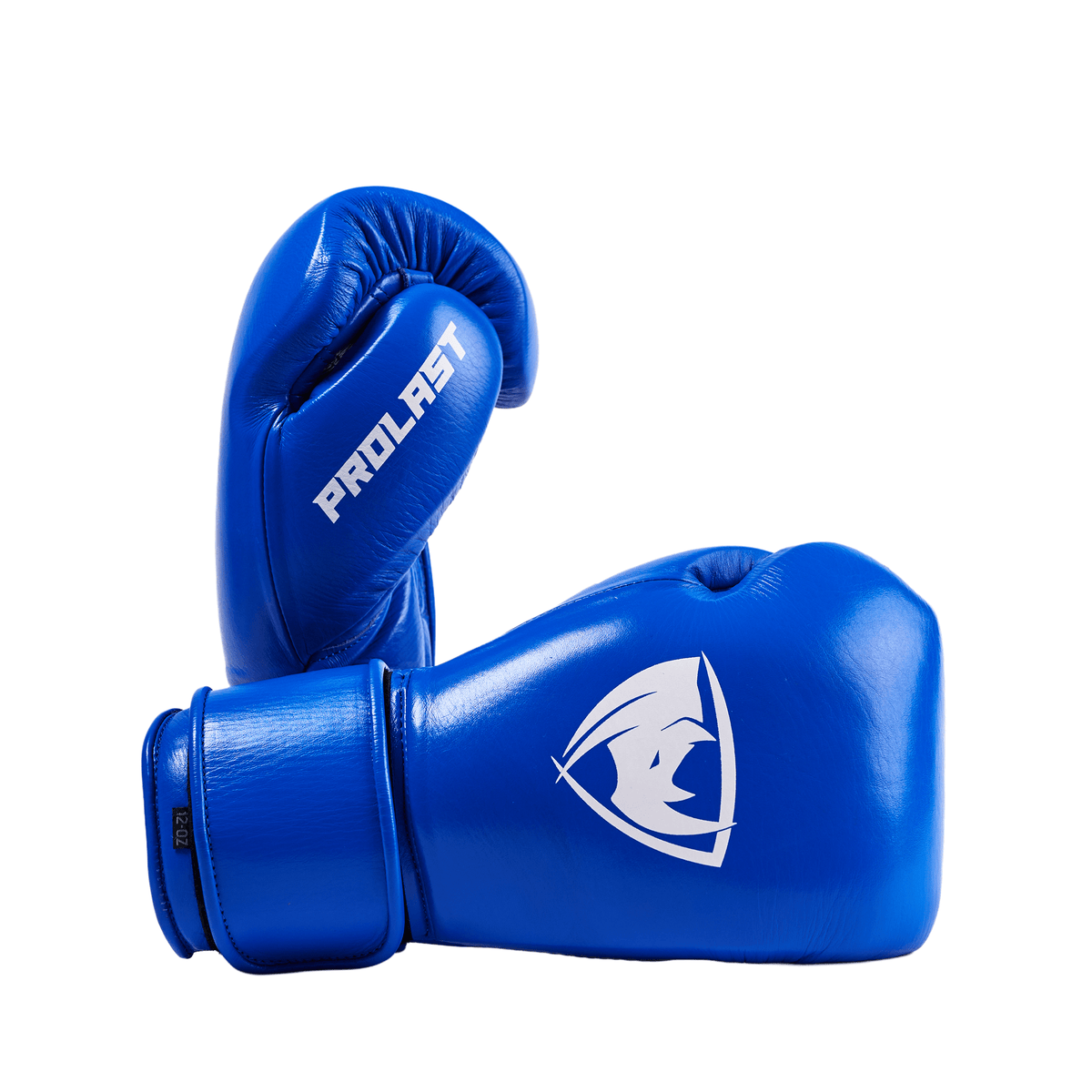 PROLAST PG professional boxing gloves in cobalt blue with Velcro strap, one upright side-on, one lying with rhino logo