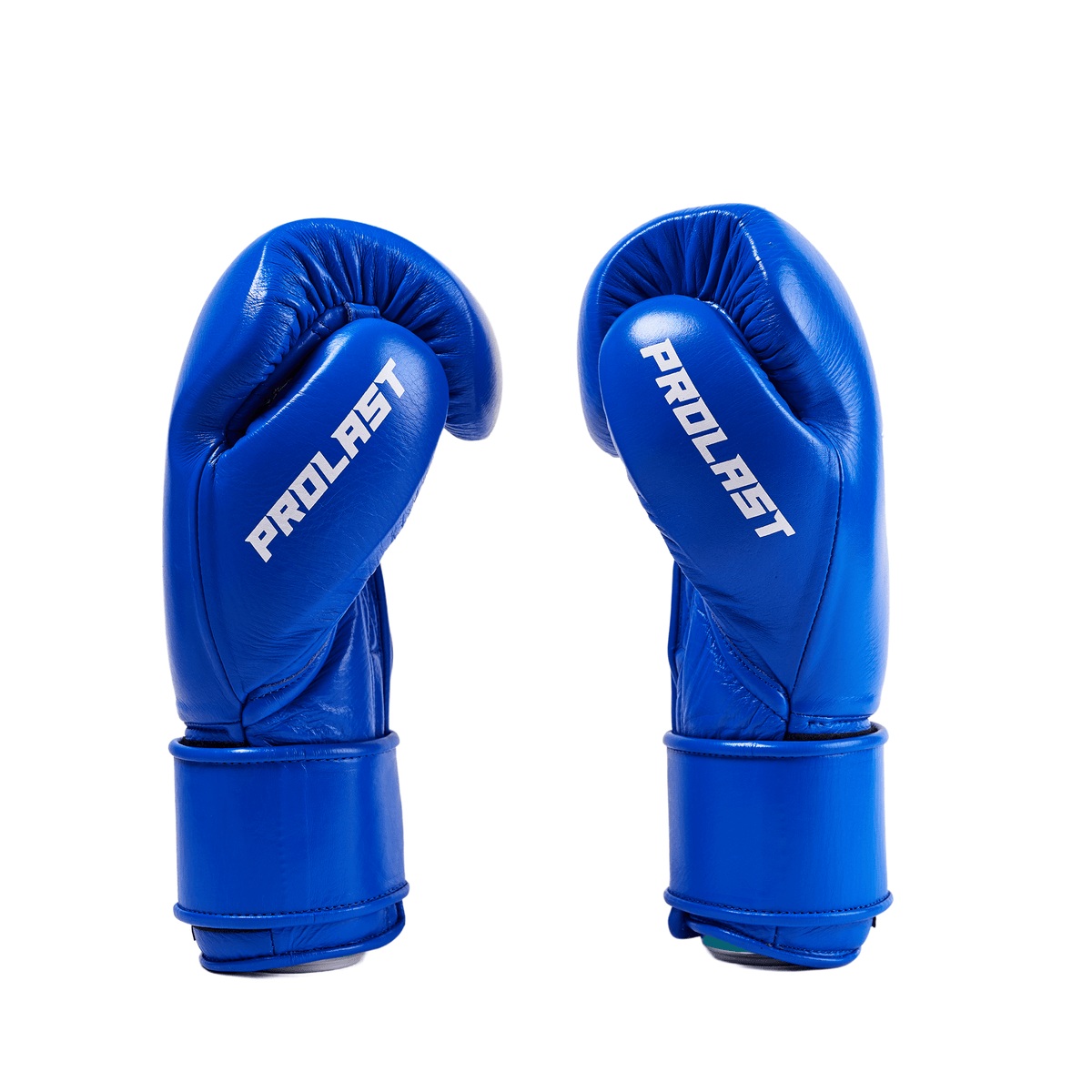 PROLAST PG professional boxing gloves in cobalt blue with Velcro strap, pair side view with white PROLAST lettering
