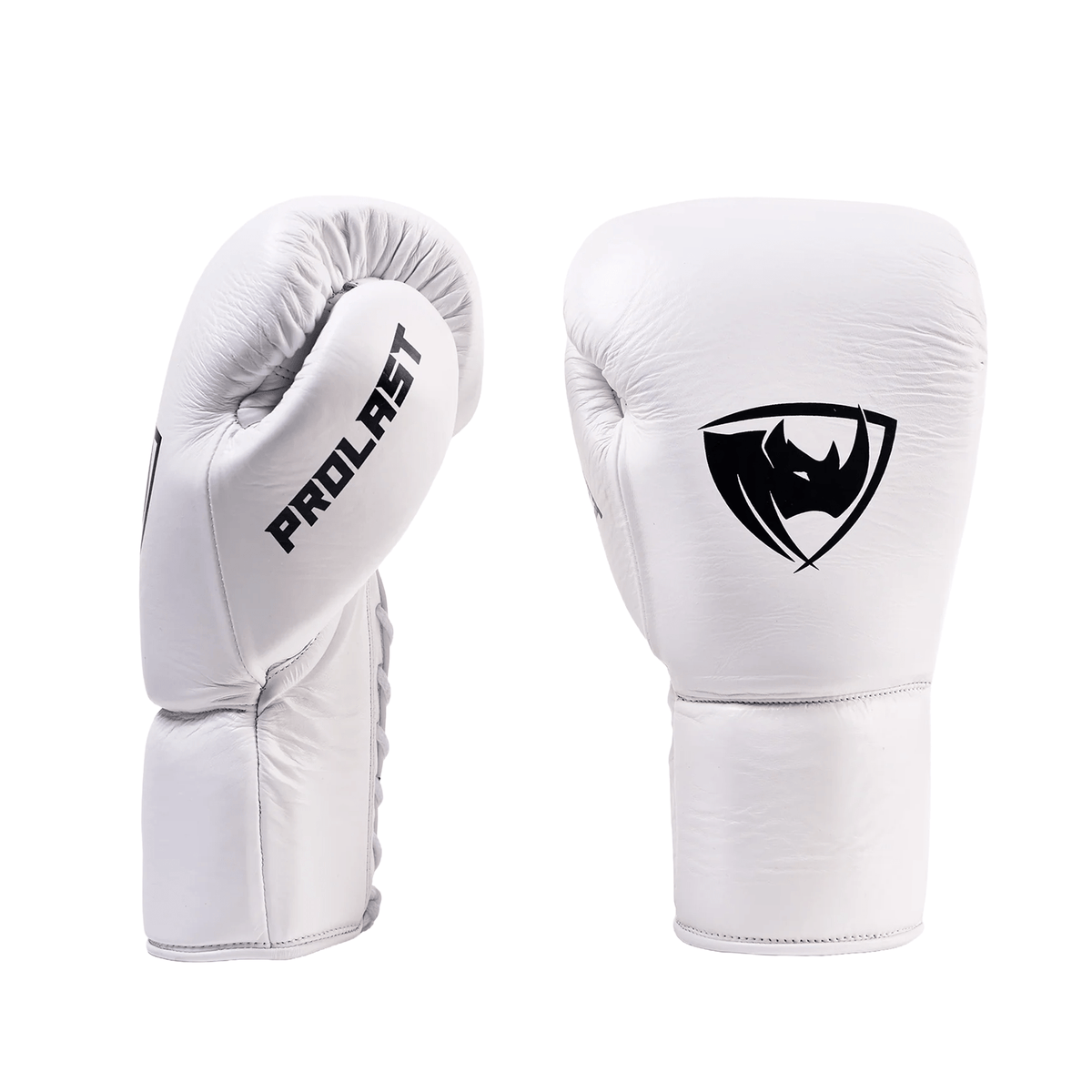 PROLAST PG professional lace-up boxing gloves in Columbian white, pair with black PROLAST thumb lettering and rhino logo