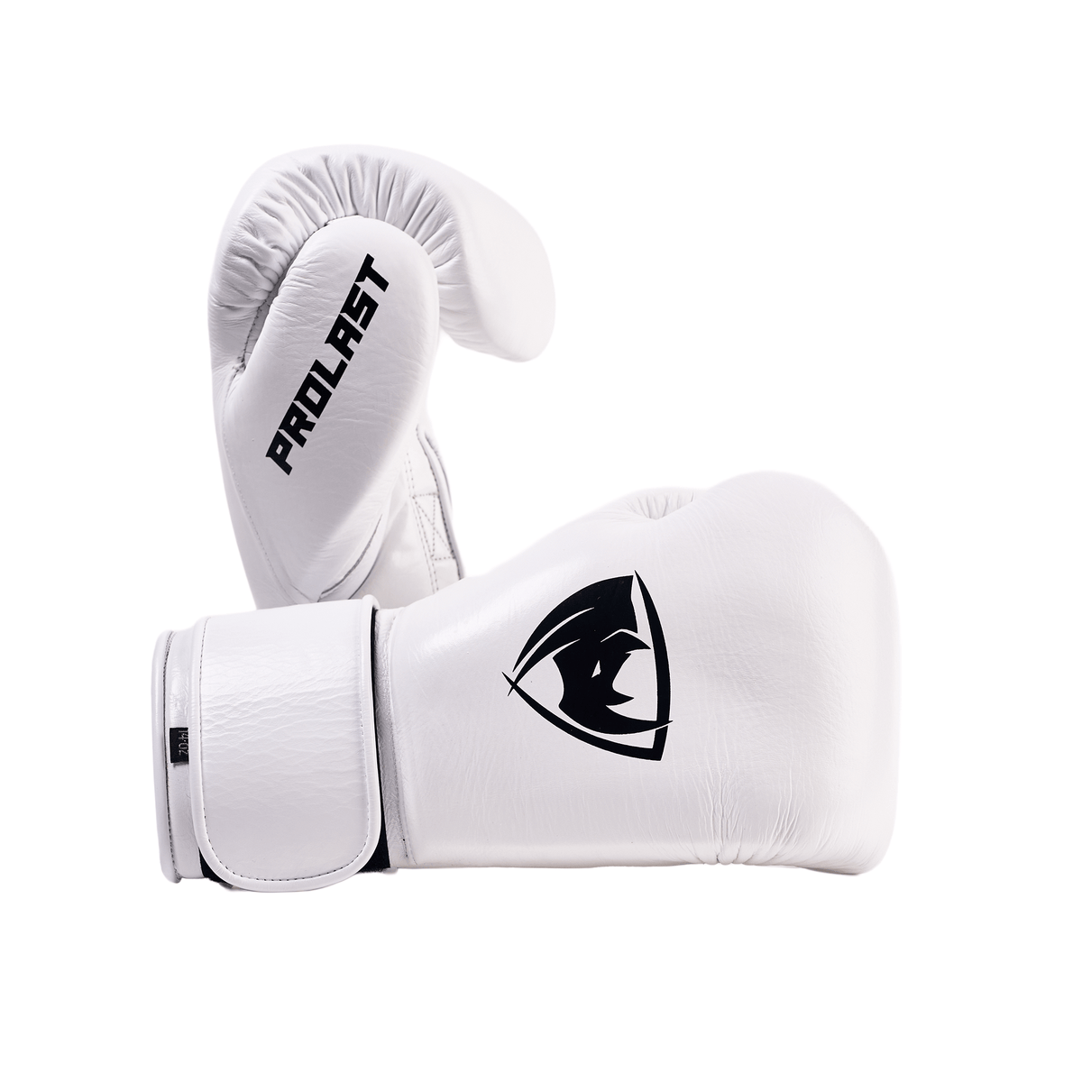 PROLAST PG professional boxing gloves in Columbian white with Velcro strap, one upright side-on, one lying with rhino logo