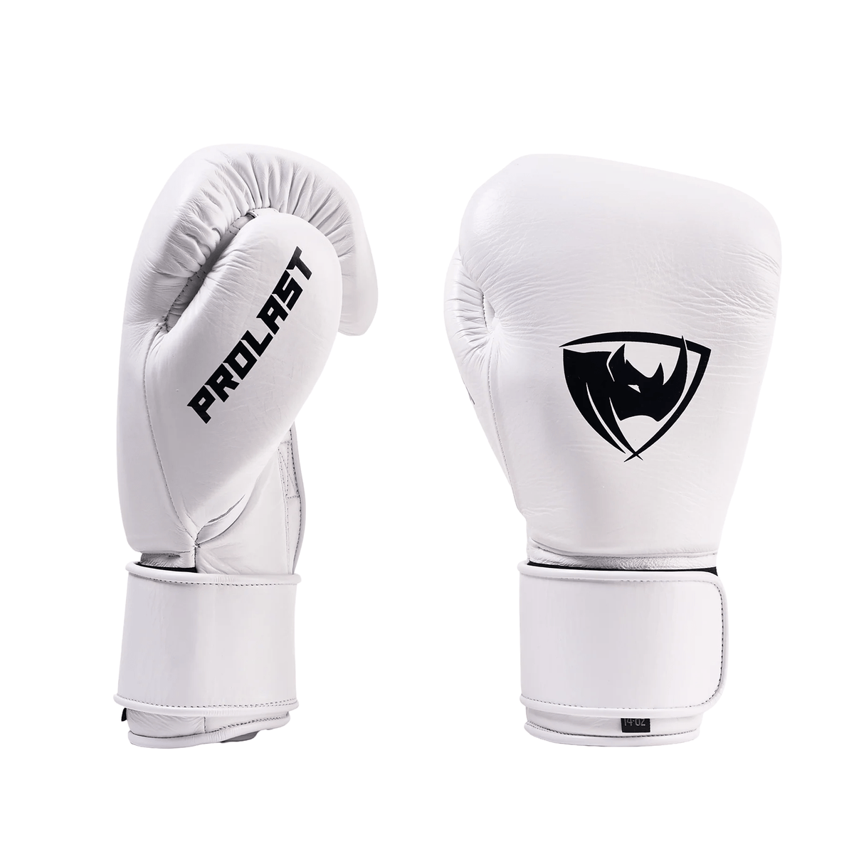 PROLAST PG professional boxing gloves in Columbian white with Velcro strap, pair showing PROLAST thumb side and rhino logo