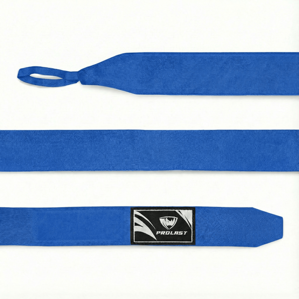 PROLAST 180 in professional boxing hand wraps in blue, laid flat: thumb loop, wrap and PROLAST-labelled closure end