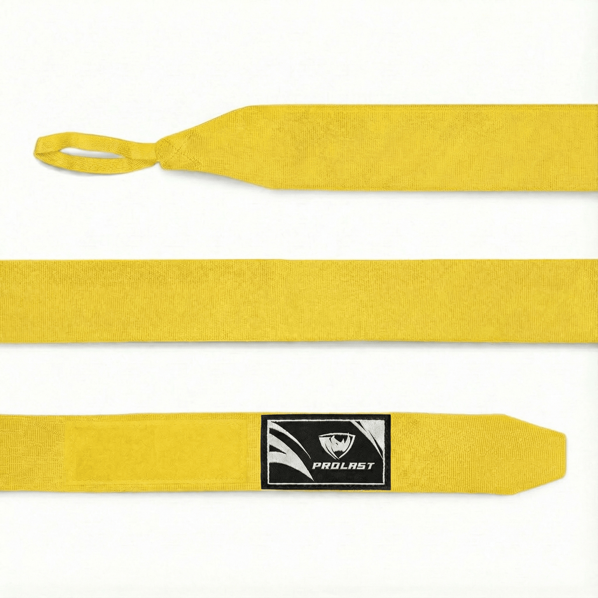 PROLAST 180 in professional boxing hand wraps in brilliant yellow, laid flat: thumb loop, wrap and PROLAST-labelled closure end