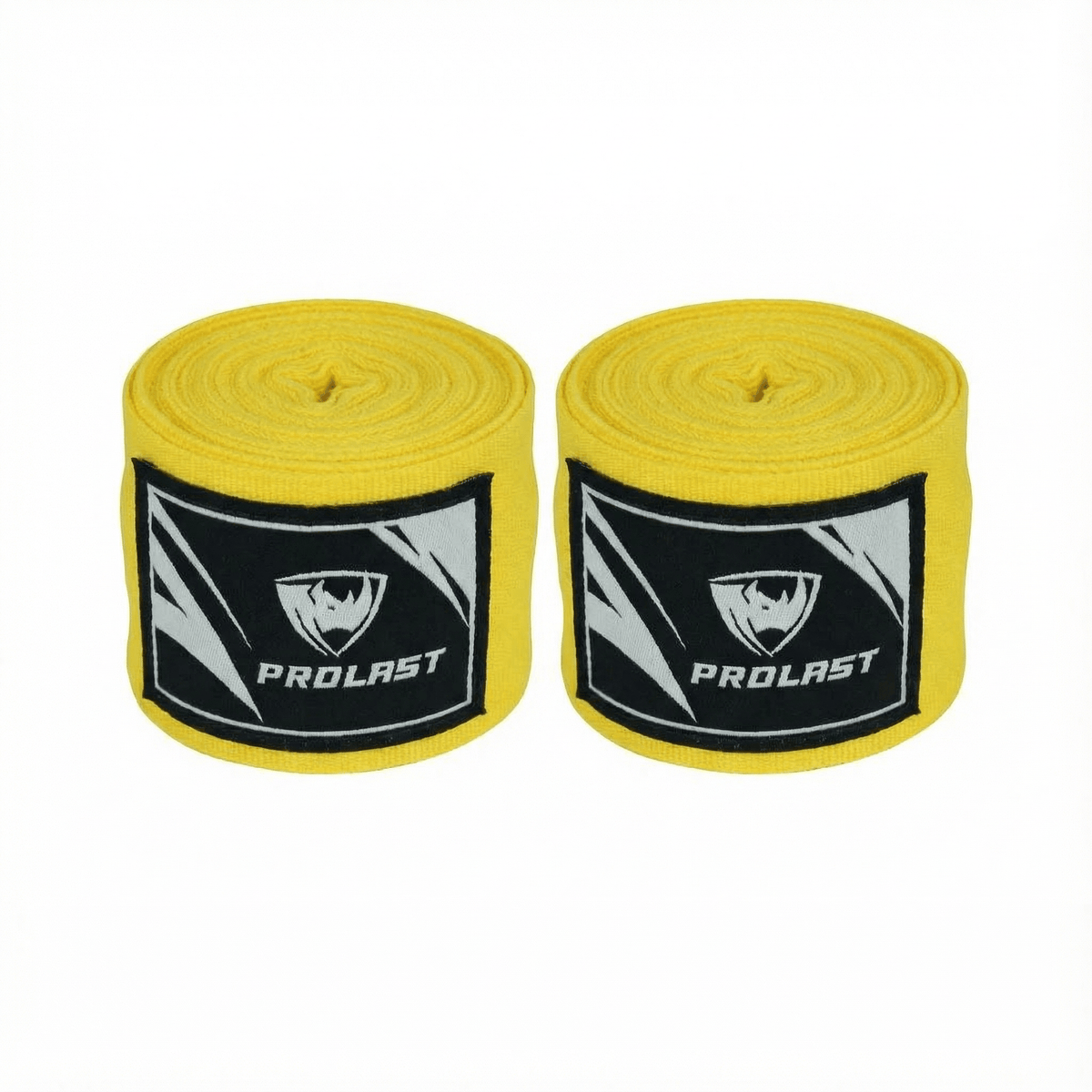 PROLAST 180 in professional boxing hand wraps in brilliant yellow, two rolled wraps side by side with PROLAST rhino labels