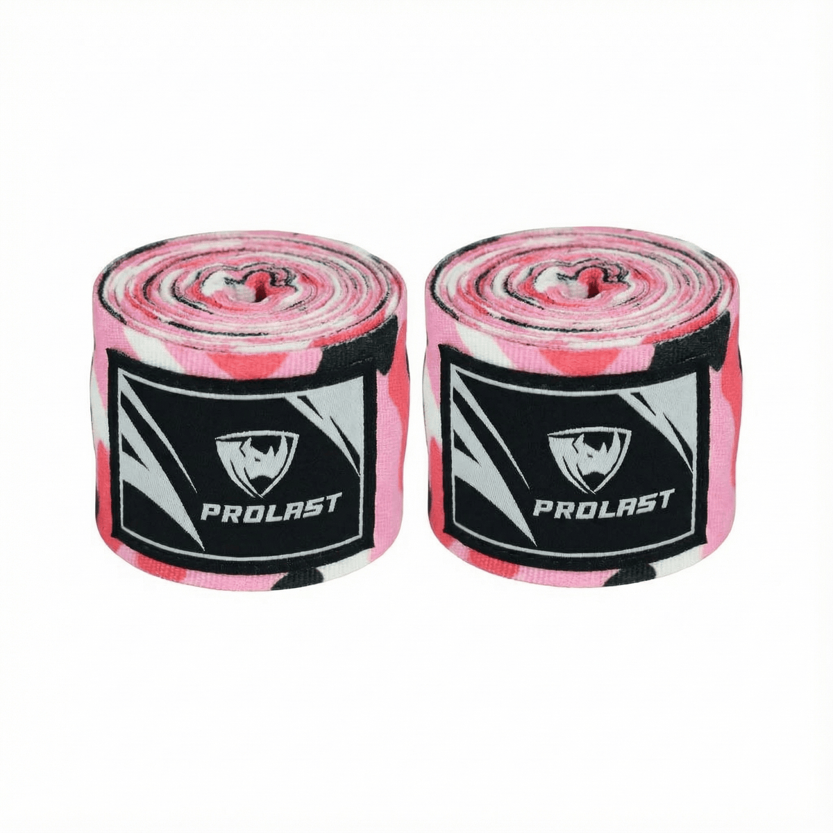 PROLAST 180 in professional boxing hand wraps in camo pink, two rolled pink camo wraps side by side with PROLAST rhino labels