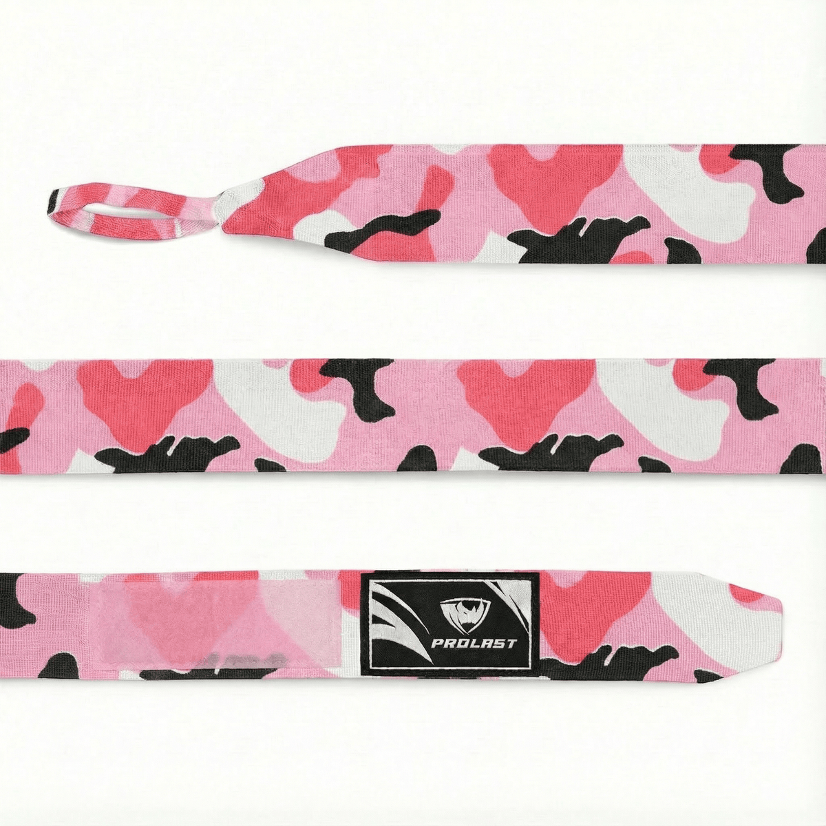 PROLAST 180 in professional boxing hand wraps in camo pink, laid flat: thumb loop, camo wrap and PROLAST-labelled closure end