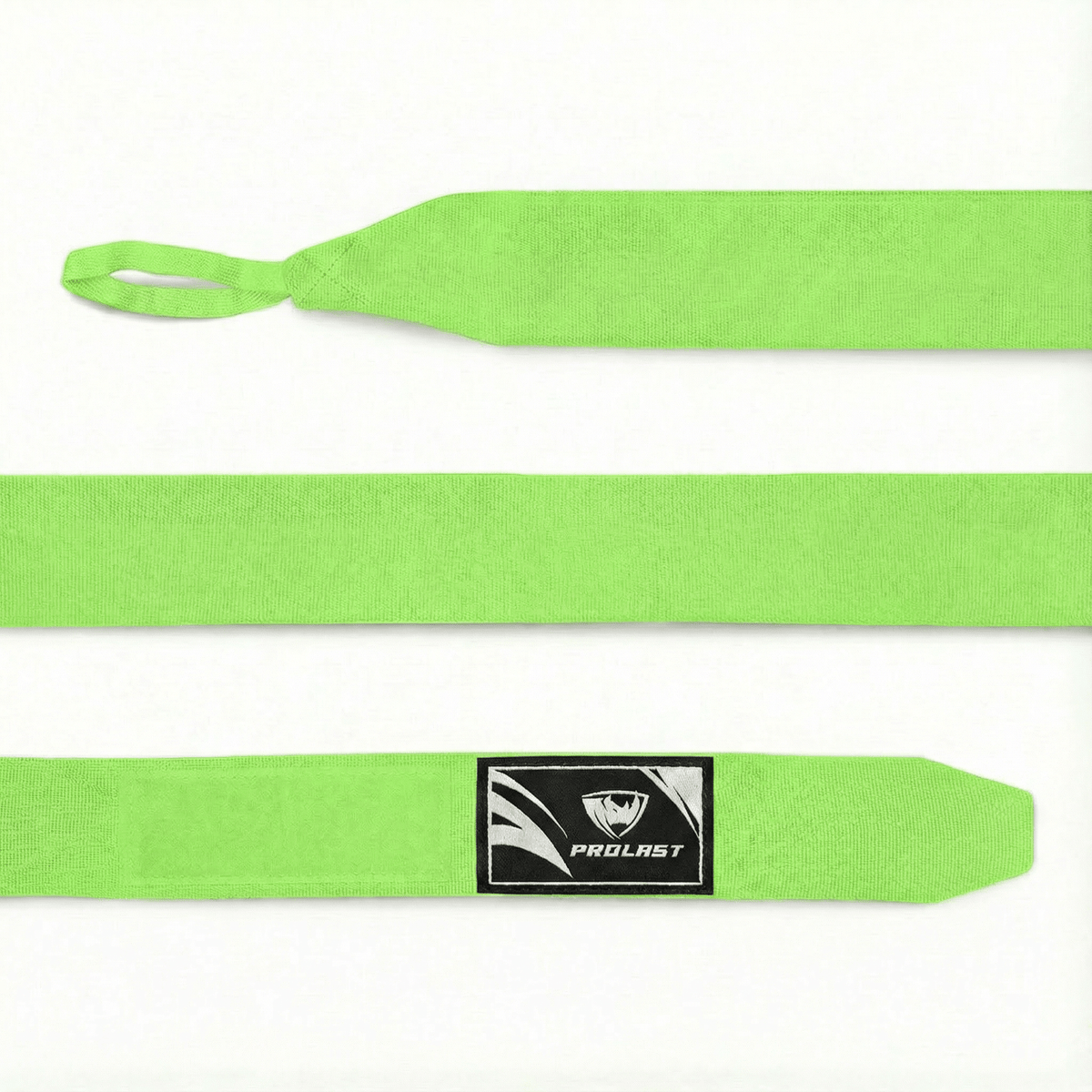 PROLAST 180 in professional boxing hand wraps in Citrus Smash lime green, laid flat: thumb loop, wrap and PROLAST-labelled closure end