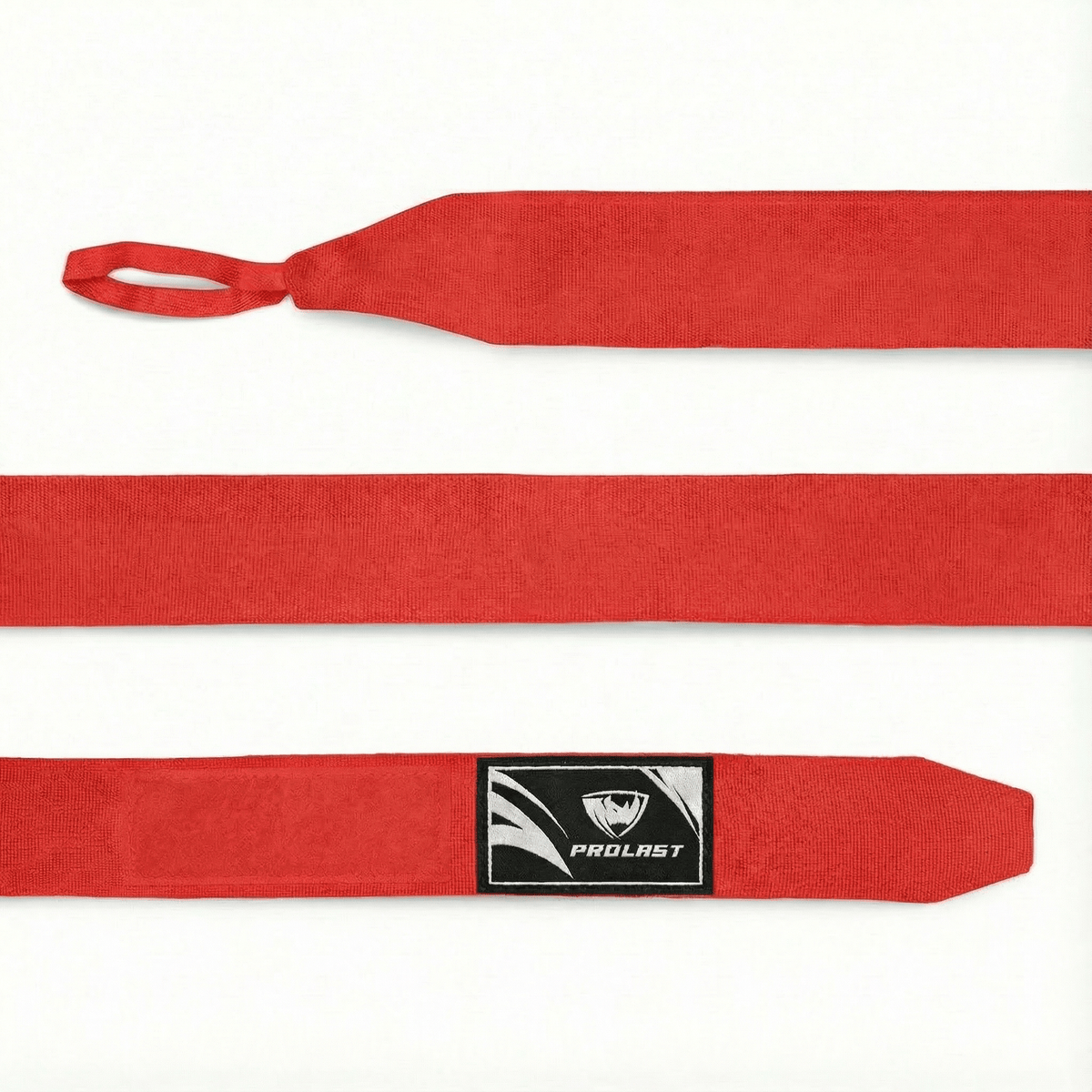 PROLAST 180 in professional boxing hand wraps in Fury Red, laid flat: thumb loop, full length and closure end with logo