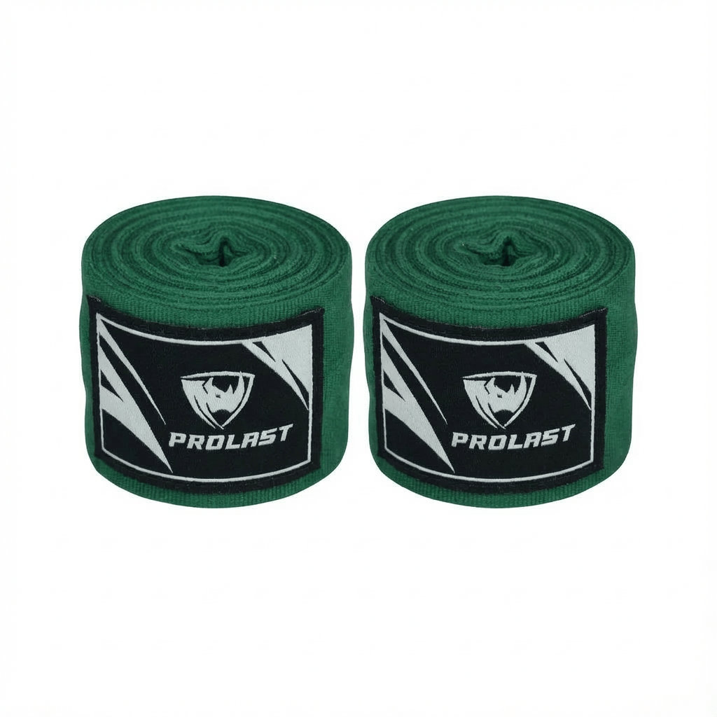 PROLAST 180 in professional boxing hand wraps in Hunter Green, pair of rolled wraps side by side, logo labels facing front