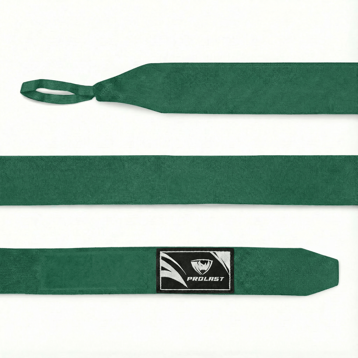 PROLAST 180 in professional boxing hand wraps in Hunter Green, laid flat: thumb loop, full length and closure end with logo