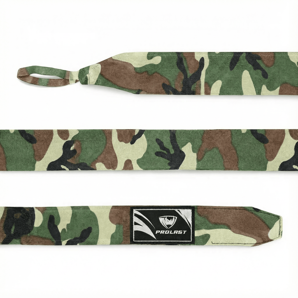 PROLAST 180 in professional boxing hand wraps in Military Green camo, laid flat: thumb loop, full length and closure end with logo