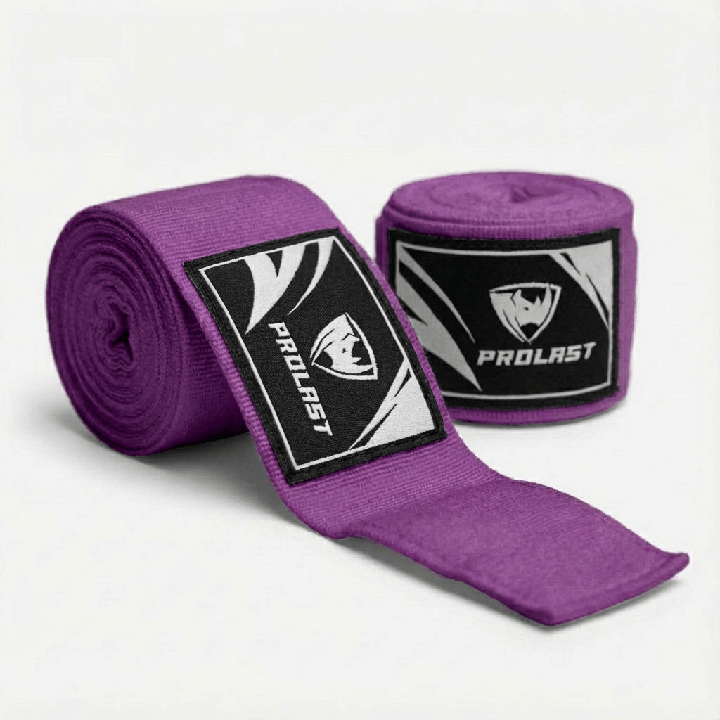 PROLAST 180 in professional boxing hand wraps in Plum Purple, two rolls, one partly unrolled to show the logo label