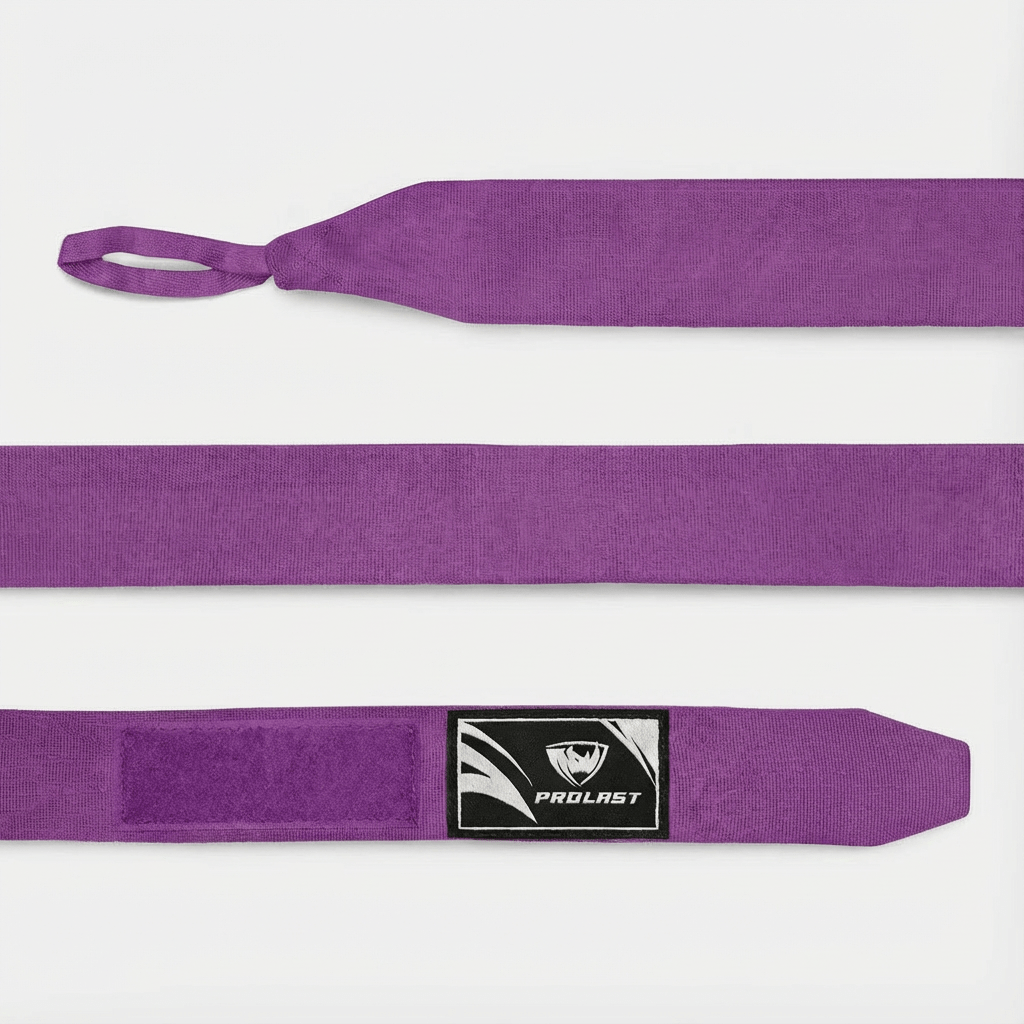 PROLAST 180 in professional boxing hand wraps in Plum Purple, laid flat: thumb loop, length and hook-and-loop closure end