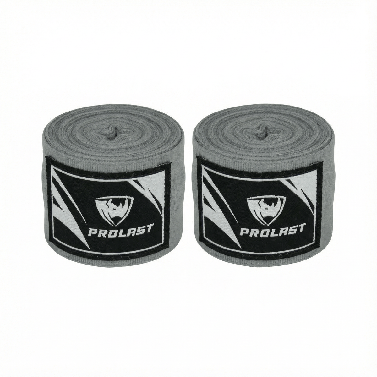 PROLAST 180 in professional boxing hand wraps in Smoke Grey, pair of rolled wraps side by side, logo labels facing front