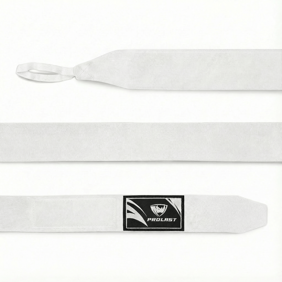 PROLAST 180 in professional boxing hand wraps in Snow White, laid flat: thumb loop, full length and closure end with logo