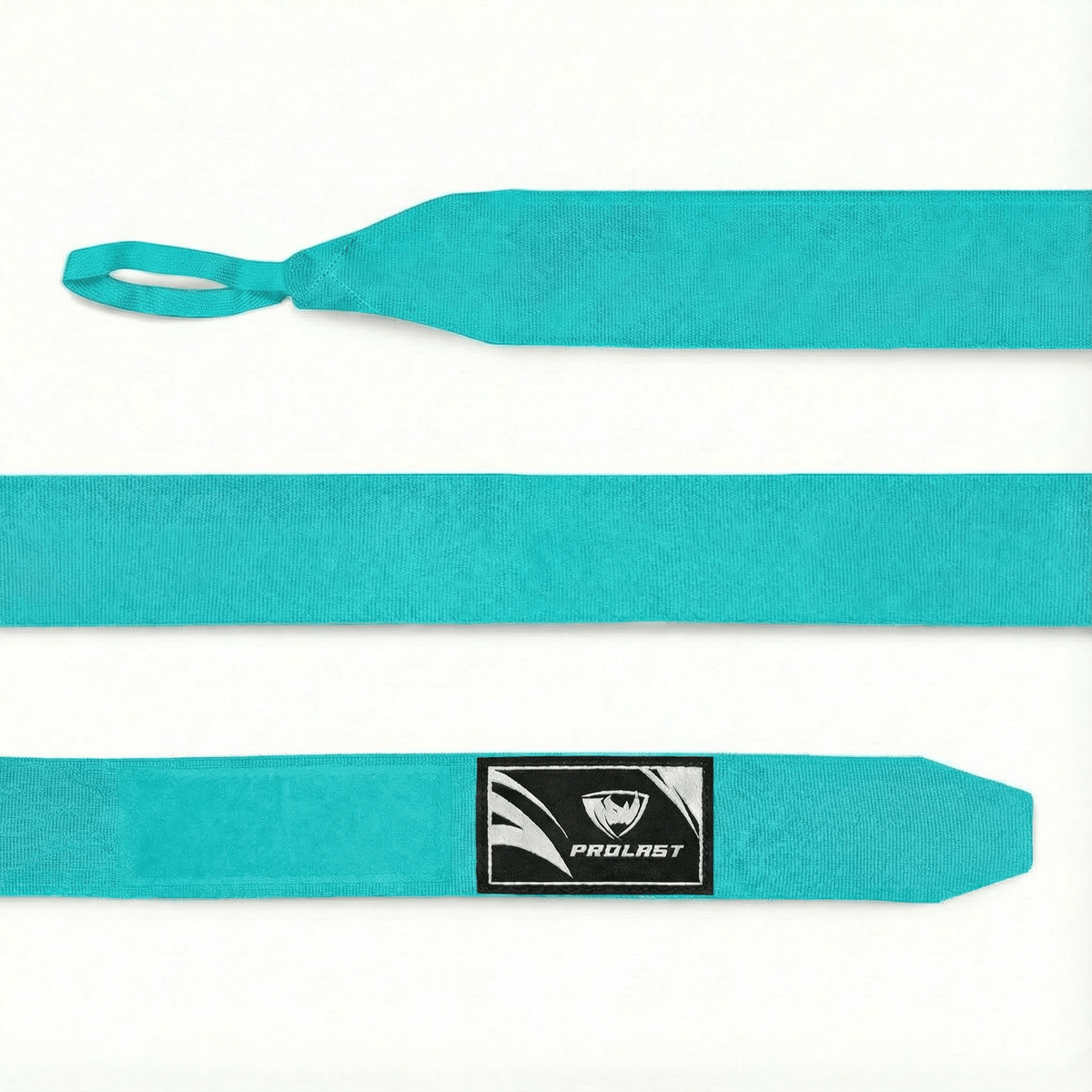 PROLAST 180 in professional boxing hand wraps in Tiffany Blue, laid flat: thumb loop, full length and closure end with logo