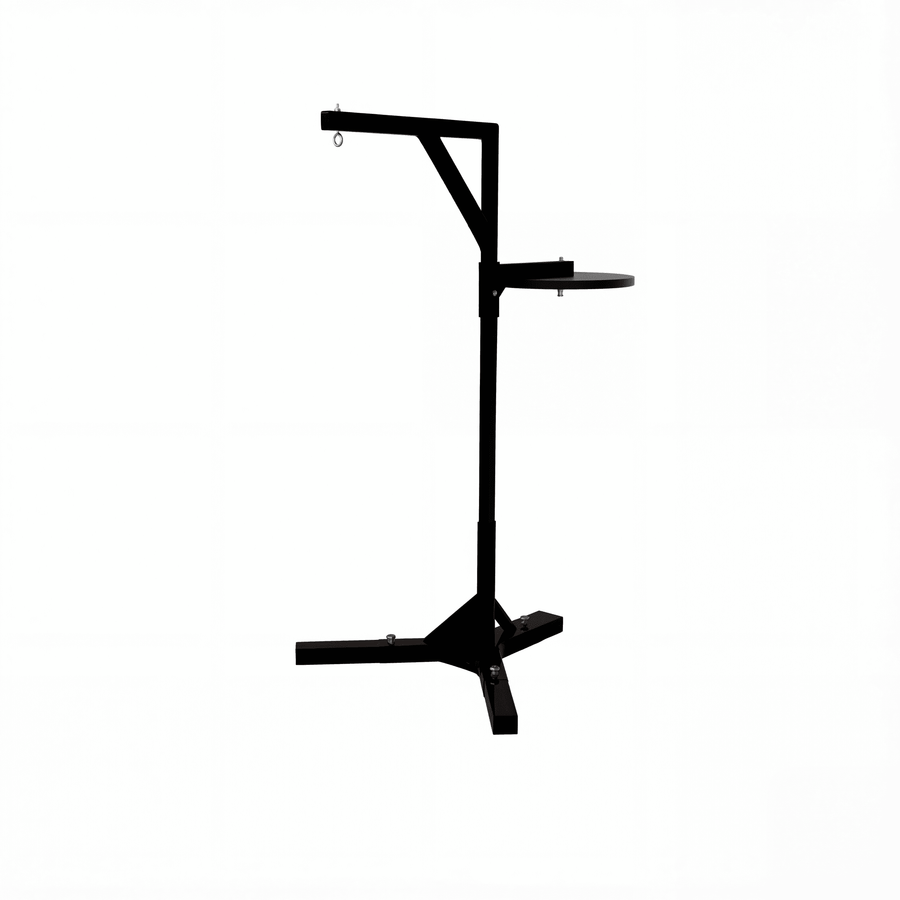 PROLAST professional boxing double stand with speed bag platform, black steel bag arm with eye hook, three-leg base