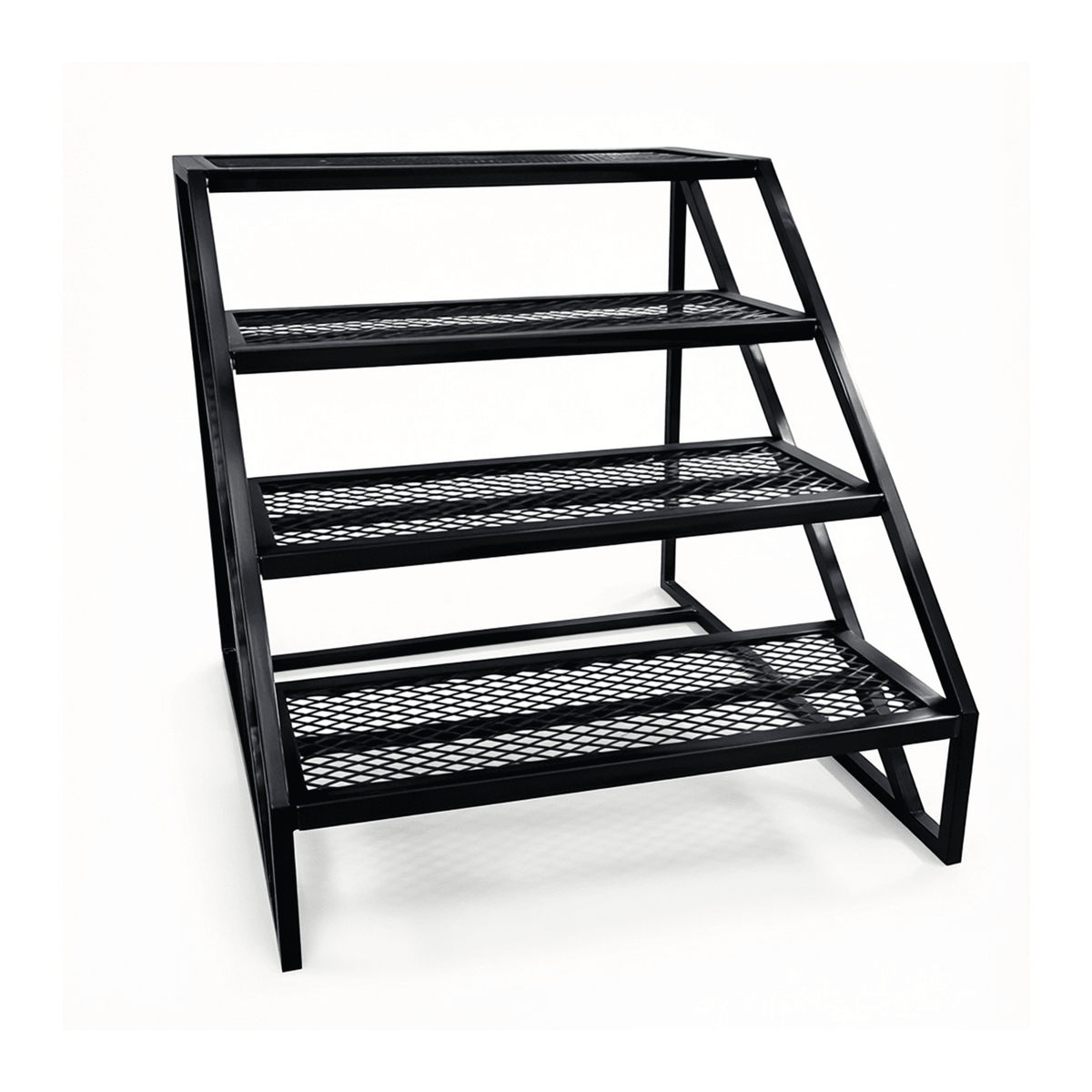 PROLAST professional boxing ring stairs, black steel frame with four diamond-mesh treads, front three-quarter view