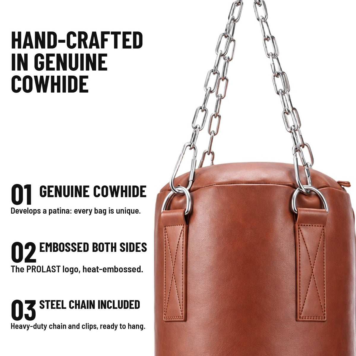 Hand-crafted in genuine cowhide: heat-embossed PROLAST logo on both sides, stainless steel chain and clips included