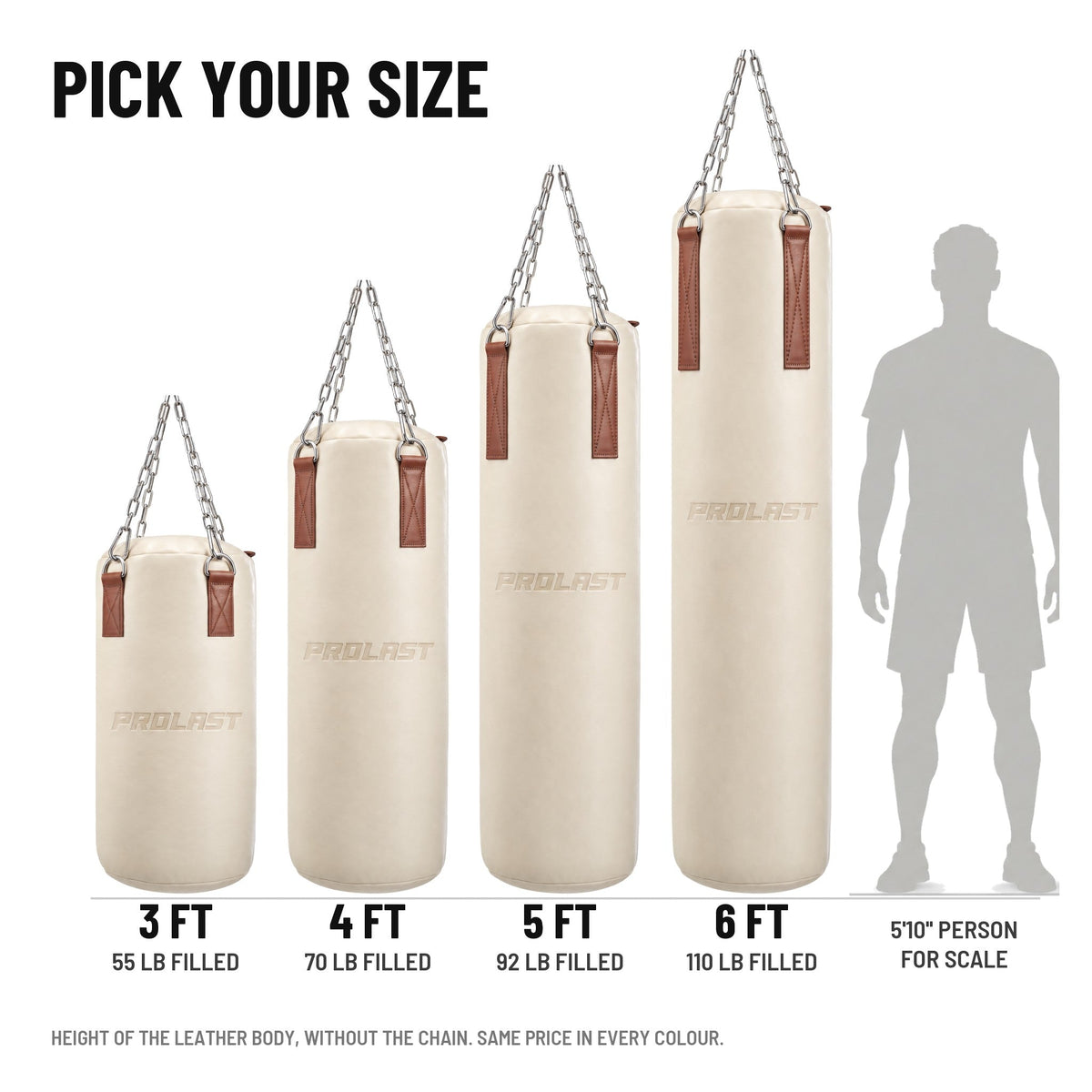 PROLAST Retro Cream / Brown Leather Heavy Bag in 3, 4, 5 and 6 ft (55, 70, 92 and 110 lb filled), next to a 5 ft 10 in person
