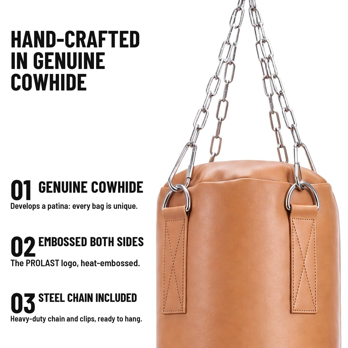 Hand-crafted in genuine cowhide: heat-embossed PROLAST logo on both sides, stainless steel chain and clips included