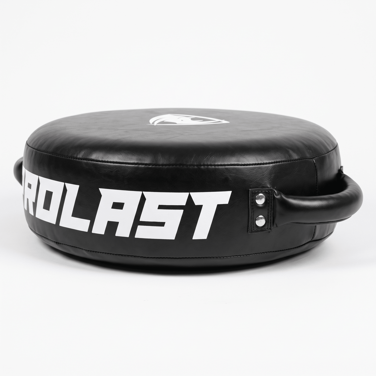 PROLAST round punch shield in black, side view of the thick rim with large white PROLAST lettering