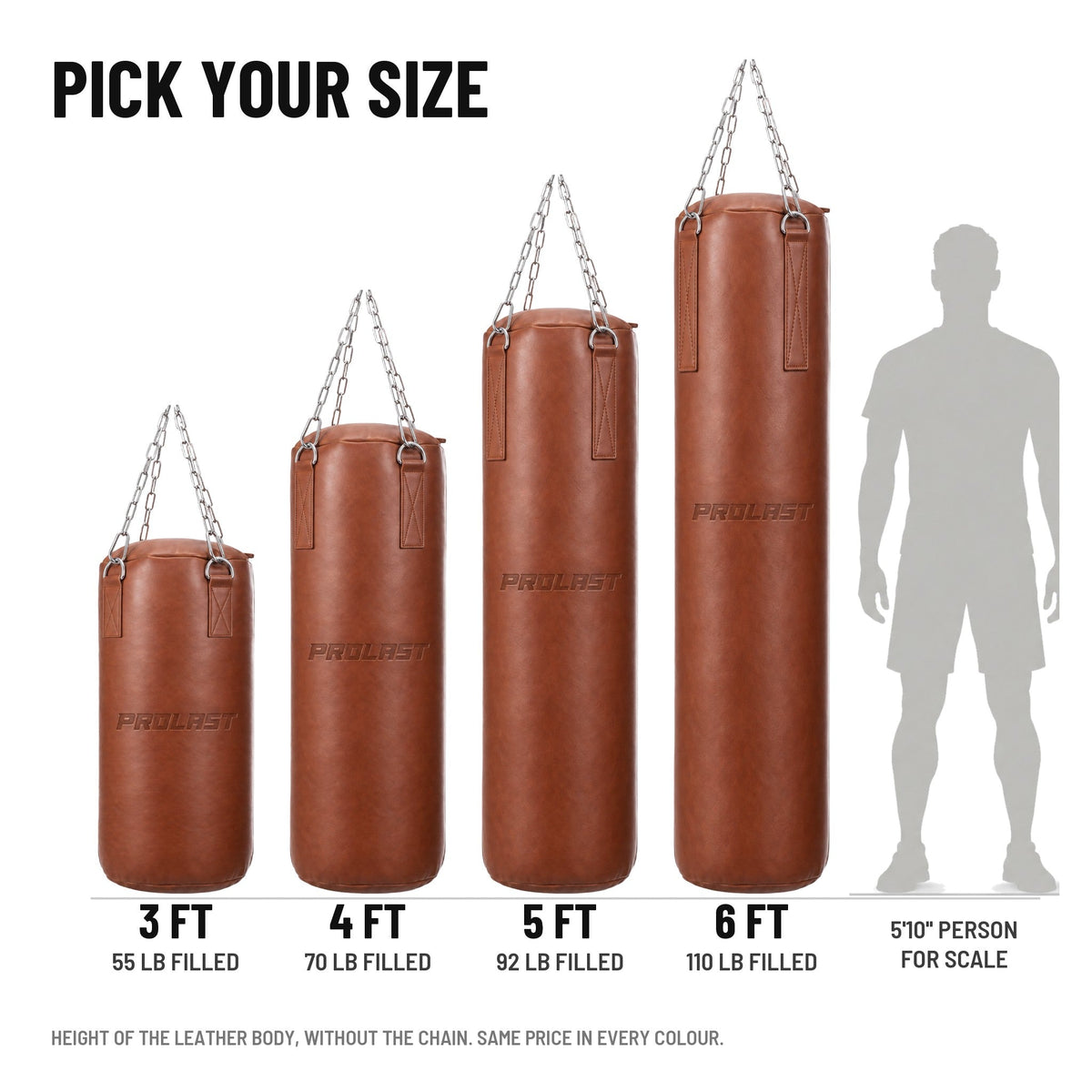 PROLAST Seamless Saddle Brown Leather Heavy Bag in 3, 4, 5 and 6 ft (55, 70, 92 and 110 lb filled), next to a 5 ft 10 in person