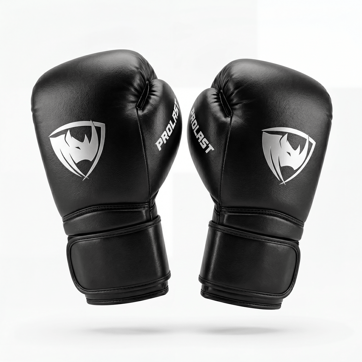 PROLAST SFX Series FS-SFX deluxe boxing gloves in black, pair with silver rhino shield logos and wide wrist straps