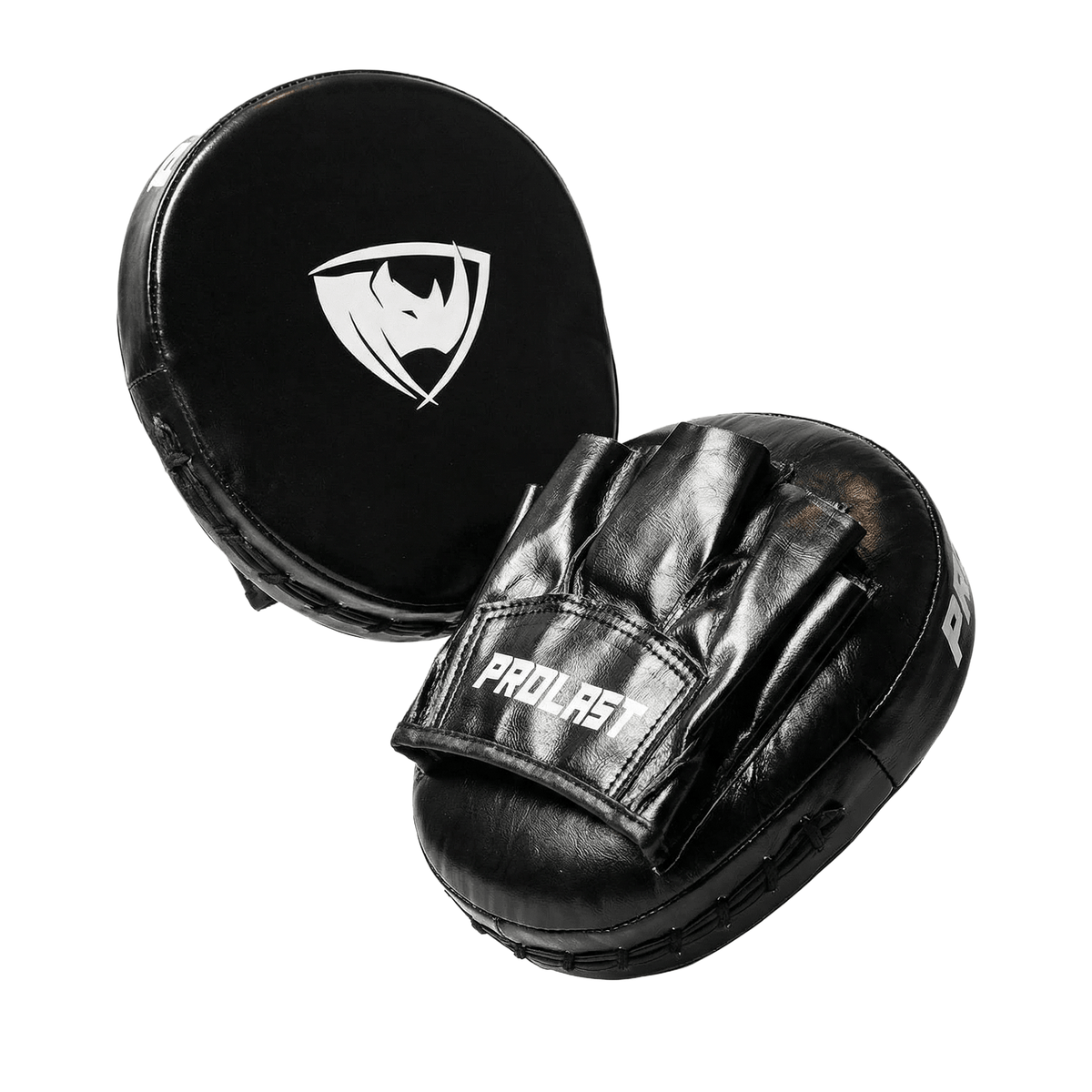 PROLAST speed mitts in black, pair angled from above, rhino logo face and PROLAST hand pocket