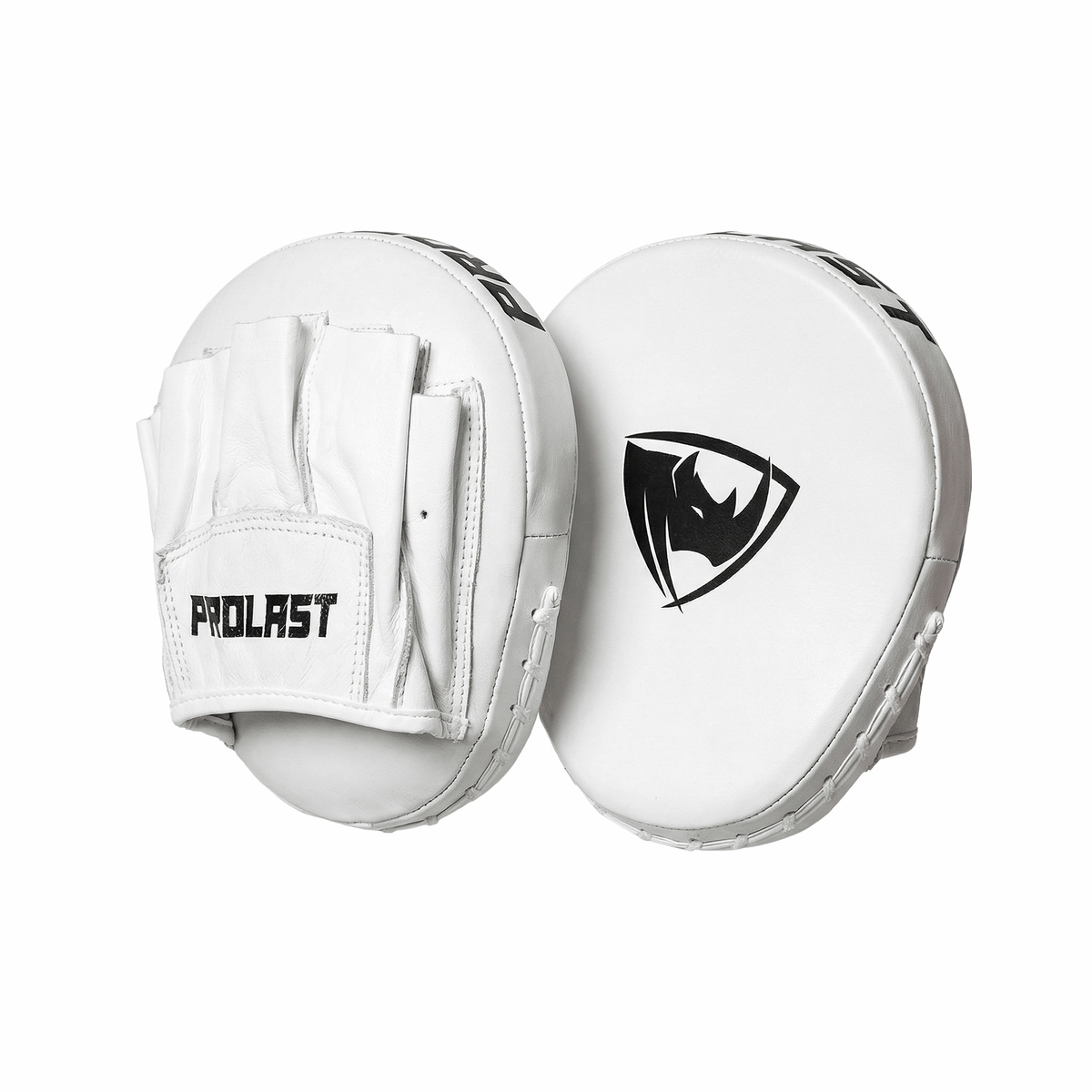 PROLAST speed mitts in white, pair seen from the side showing the hand pocket and rhino logo face