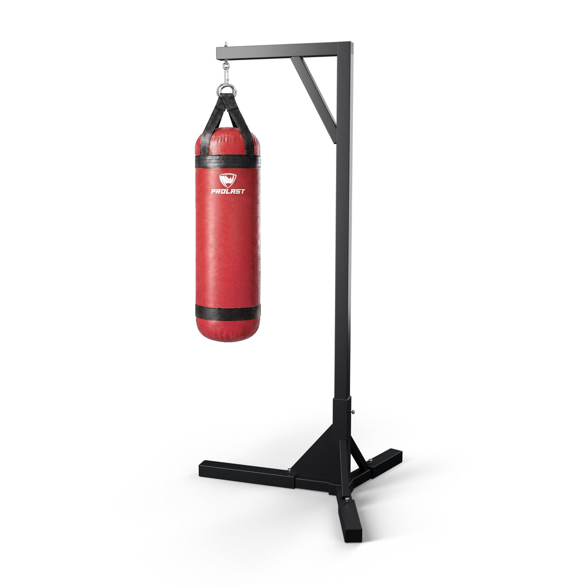 PROLAST 4 ft 80 lb stock heavy bag, red, hanging from a PROLAST single bag stand on a steel snap hook through its D-rings (stand sold separately)