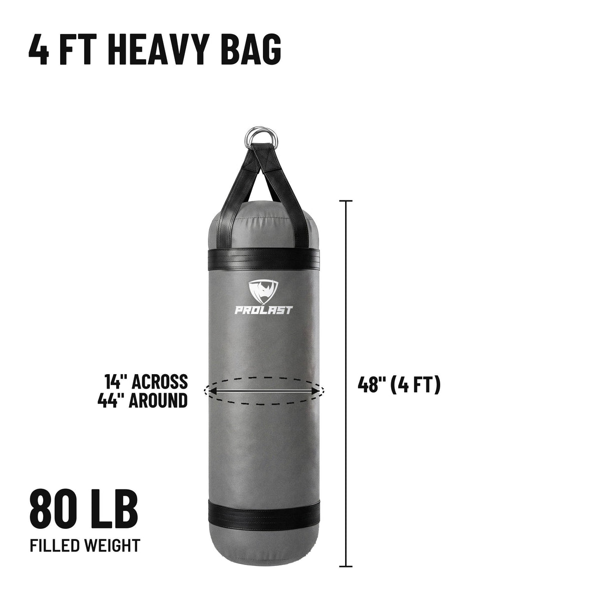4 ft 80 lb heavy bag: 48 in body, 14 in across, 44 in around, 80 lb filled