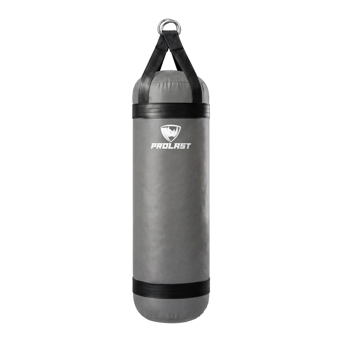 PROLAST 4 ft 80 lb stock heavy bag, smoke grey with black trims and straps, front view with the PROLAST logo