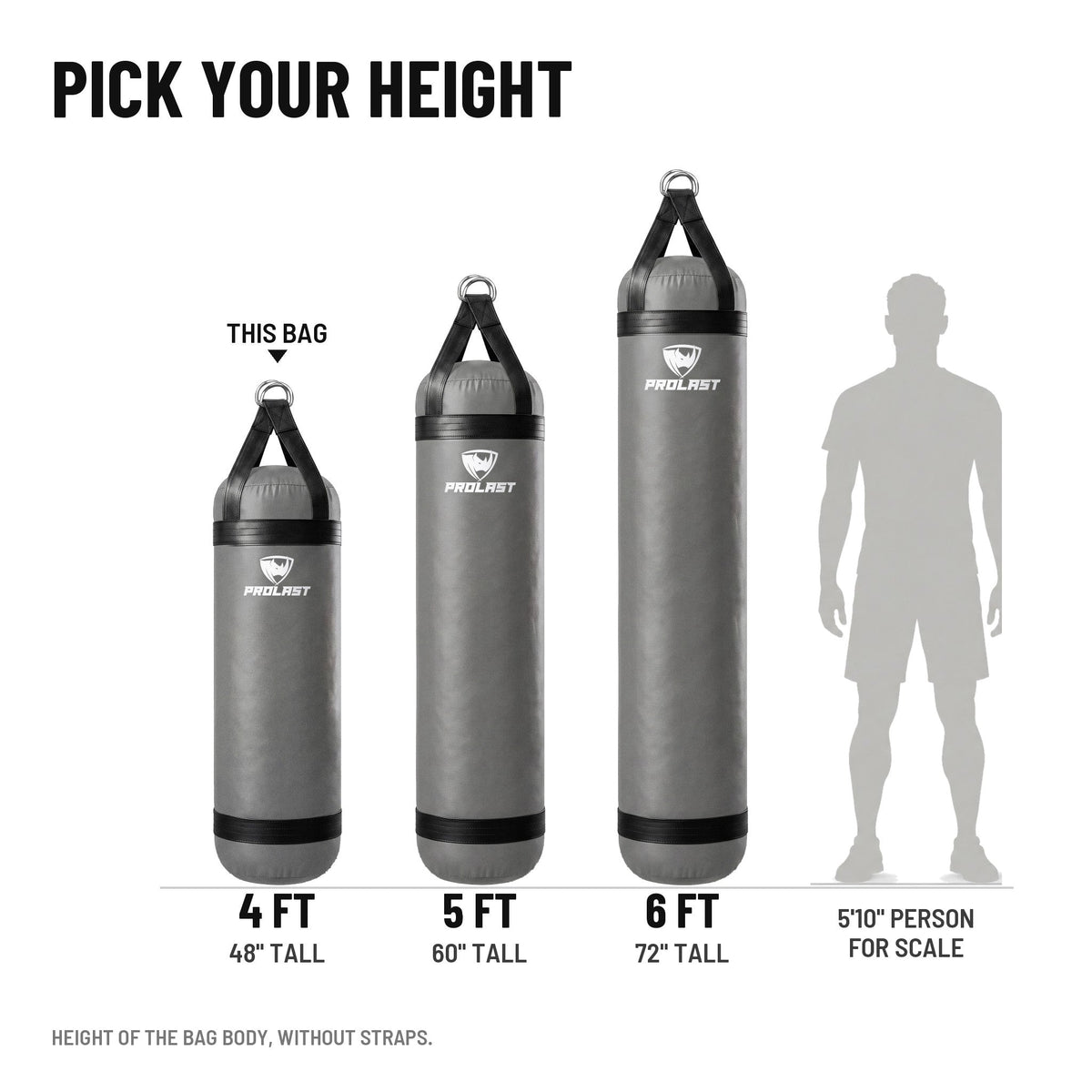 Height guide: 4, 5 and 6 ft PROLAST heavy bags in smoke grey to scale next to a 5 ft 10 in person; this bag is the 4 ft 80 lb