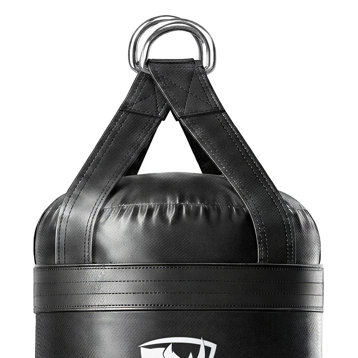 Close-up of the 4 ft XL 135 lb heavy bag: hanging straps box-X stitching and two heavy steel D-rings