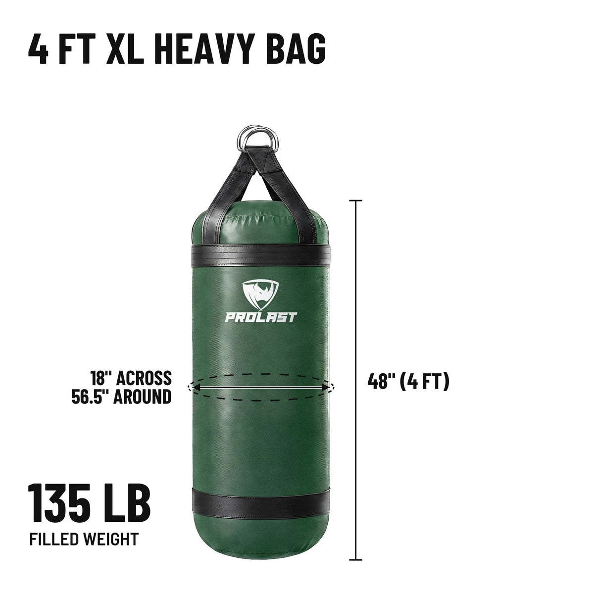 4 ft XL 135 lb heavy bag: 48 in body, 18 in across, 56.5 in around, 135 lb filled