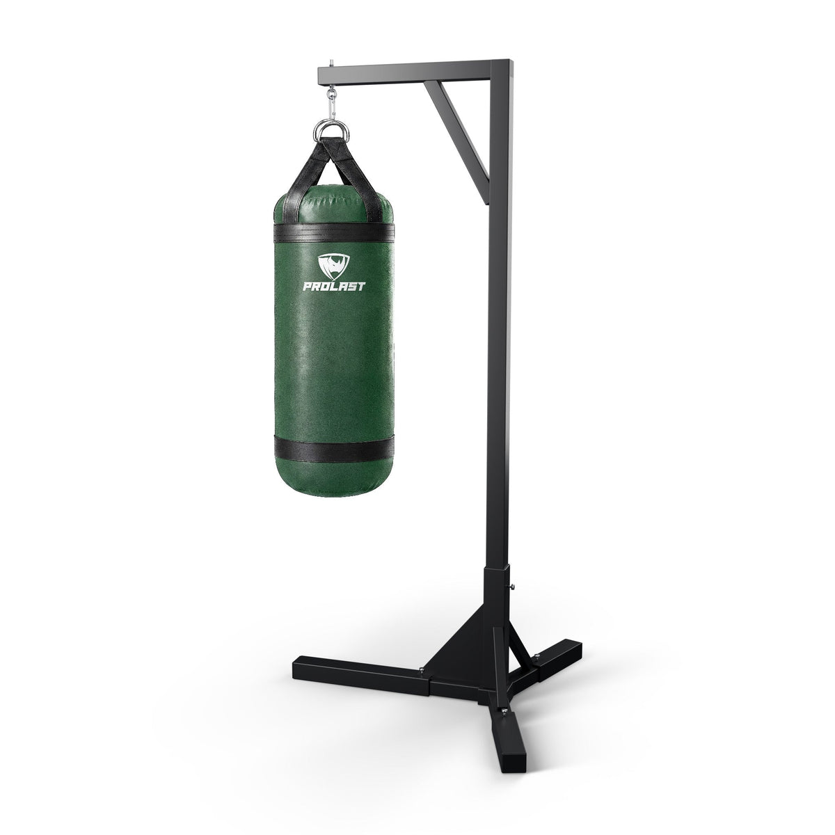 PROLAST 4 ft XL 135 lb stock heavy bag, green, hanging from a PROLAST single bag stand on a steel snap hook through its D-rings (stand sold separately)