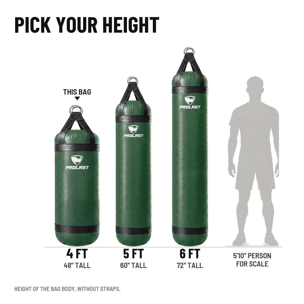 Height guide: 4, 5 and 6 ft PROLAST heavy bags in green to scale next to a 5 ft 10 in person; this bag is the 4 ft XL 135 lb