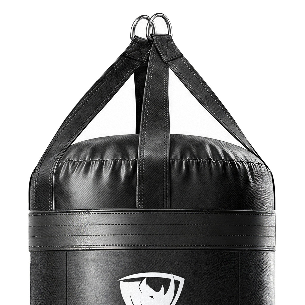Close-up of the 4 ft XL 150 lb heavy bag: four hanging straps, one per panel, box-X stitching and two heavy steel D-rings