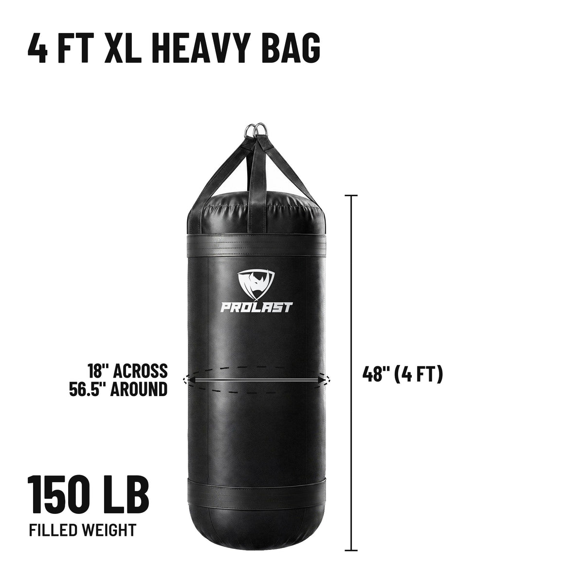 4 ft XL 150 lb heavy bag: 48 in body, 18 in across, 56.5 in around, 150 lb filled