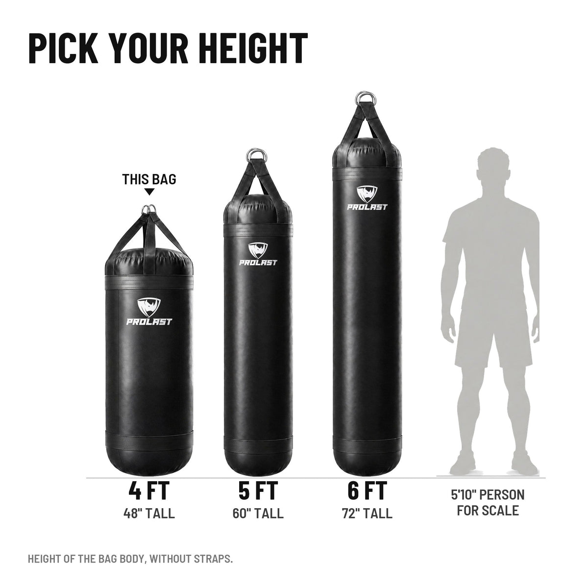 Height guide: 4, 5 and 6 ft PROLAST heavy bags in black to scale next to a 5 ft 10 in person; this bag is the 4 ft XL 150 lb