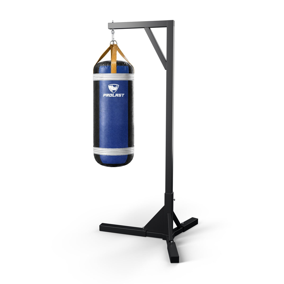 PROLAST 4 ft XL 150 lb stock heavy bag, royal blue with white trims and yellow straps, hanging from a PROLAST single bag stand on a steel snap hook through its D-rings (stand sold separately)